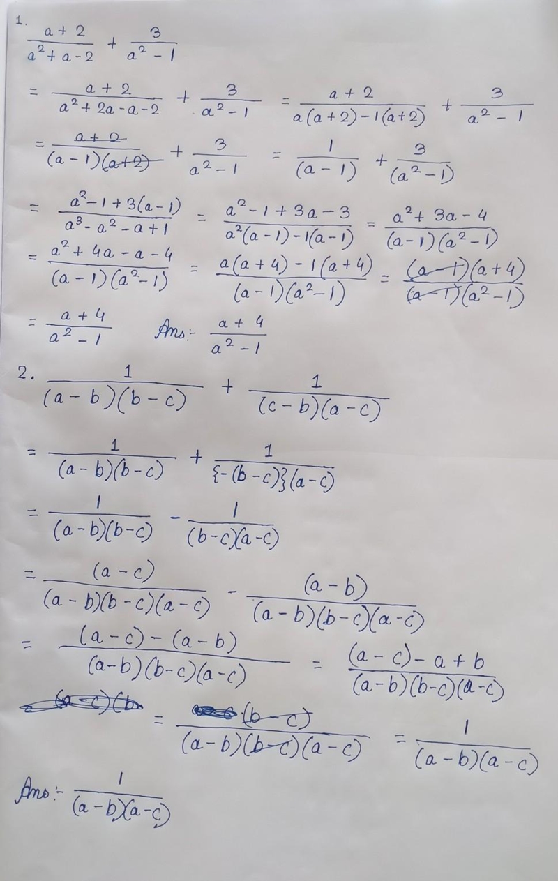 ❊ Simplify : 1. \large{ \tt{ \frac{a + 2}{ {a}^(2) + a - 2 } + \frac{3}{ {a}^(2) - 1 } \: \: \{ANS-example-1