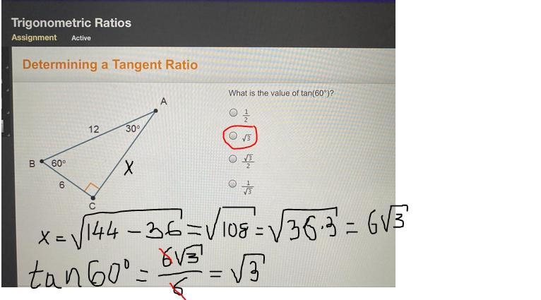 CO 5 What is the value of tan(60°)? A O 12 30° 3 B 60° 6-example-1