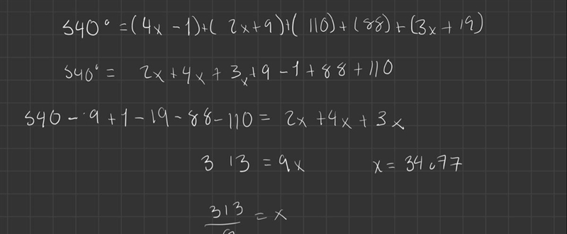 6. What is the measure of x? B (4x - 1) (2x9) ) 88" (3x +19) 110° E A-45 B.5 C-example-1