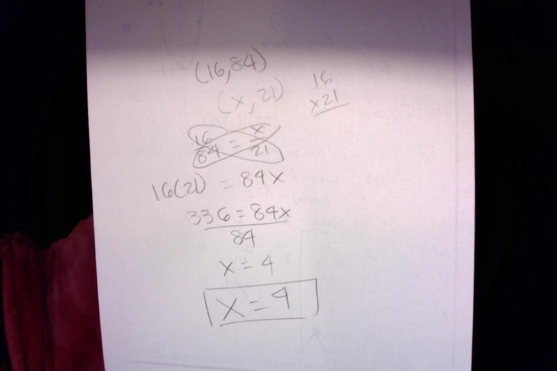 If y varies directly with x, and y is 84 when x is 16, find x when y is 21.​-example-1