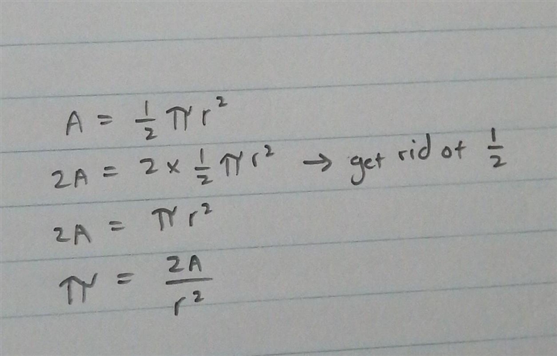 Solve problem to find π (please add steps) A=1/2πr^2-example-1