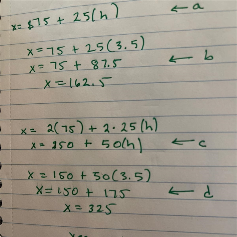 10. An electrician charges $75 per visit plus $25/h for house calls. a) Write an algebraic-example-1