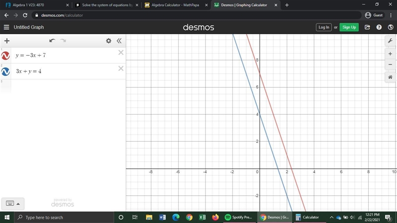 Solve the system of equations by graphing. Check your solution. y=-3x+7 3x+y=4-example-1