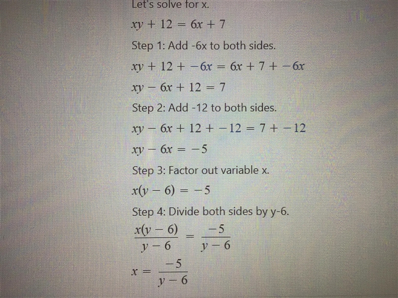 If xy + 12 = 6x + 7, find y if x =5.-example-1