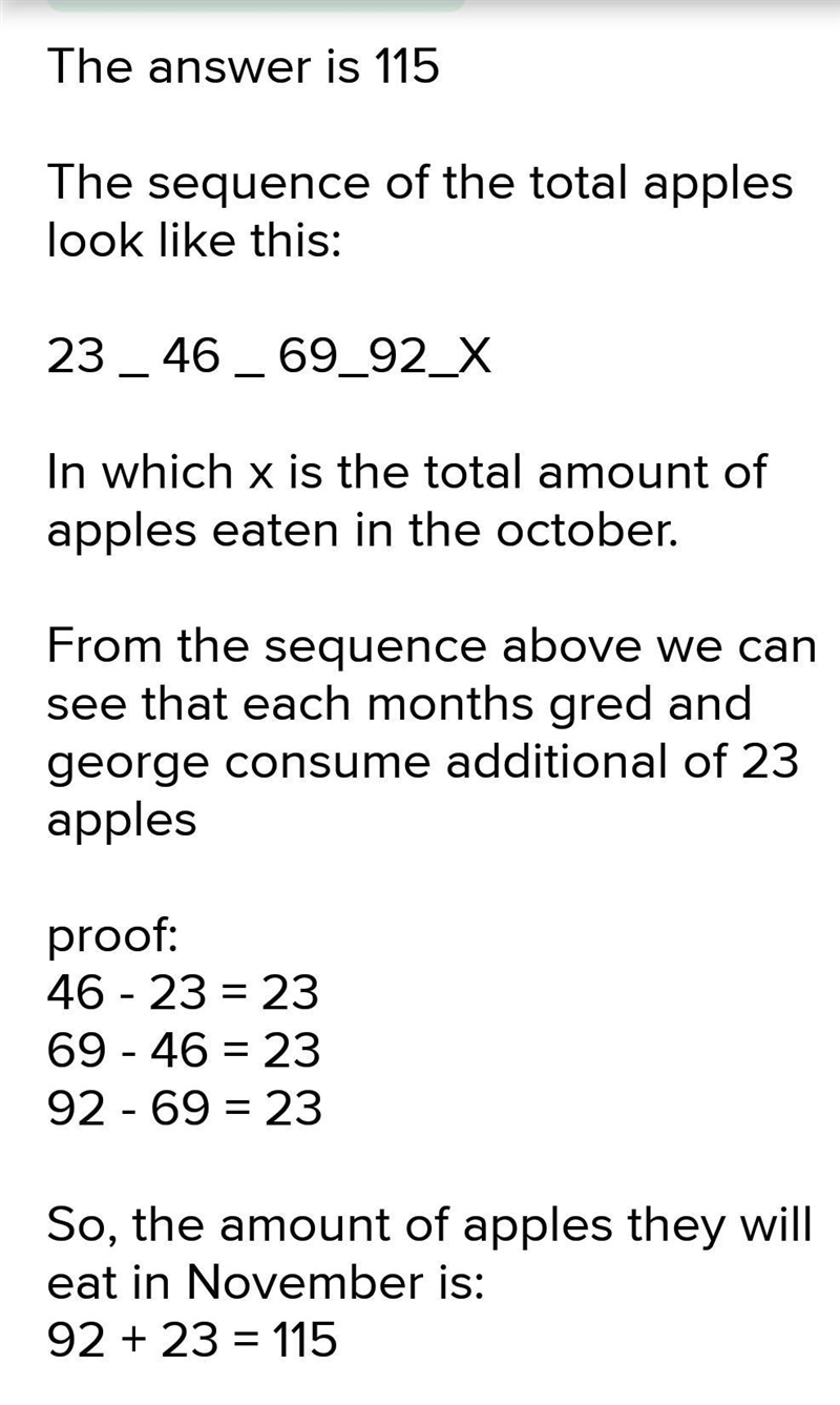 Fred and George ate 23 apples in July, 46 apples in August, 69 apples in September-example-1