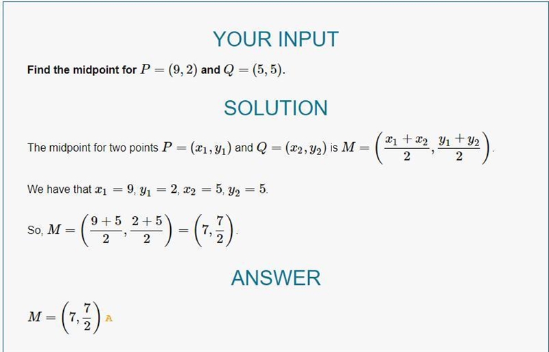 Find the midpoint of the segment with the following endpoints. ( 9 , 2 ) and ( 5 , 5 )-example-1