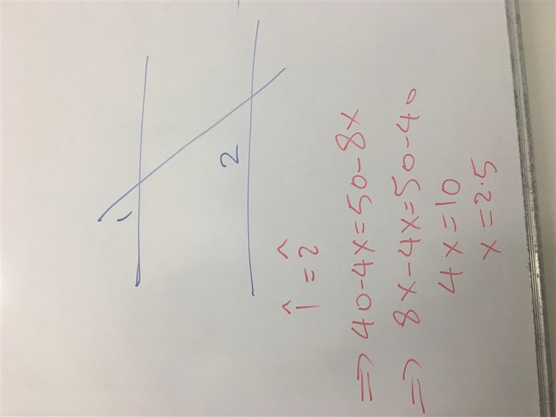 Determine the value of x for which r ∥ s if m∠1 = 40 – 4x; and m∠2 = 50 – 8x The choices-example-1