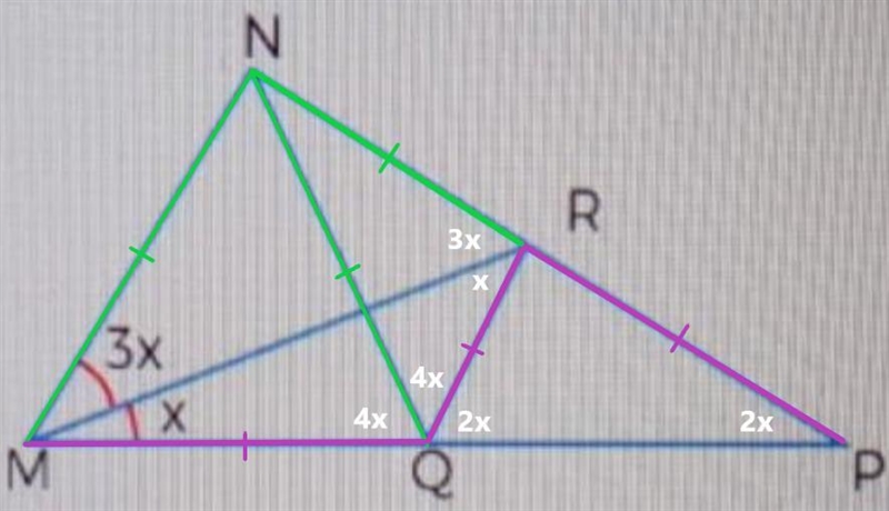 If MN=NQ and MQ=QR=RP, calculate for x​-example-1