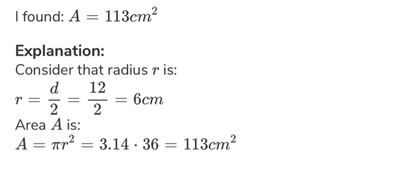 Find the circumference and area of a circle with a diameter of 12 cm. (Use the approximation-example-1