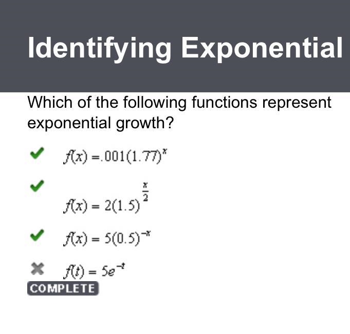 Of the following functions represent exponential growth? f(x) = 001(1.77)* f(x) = 2(1.5) f-example-1