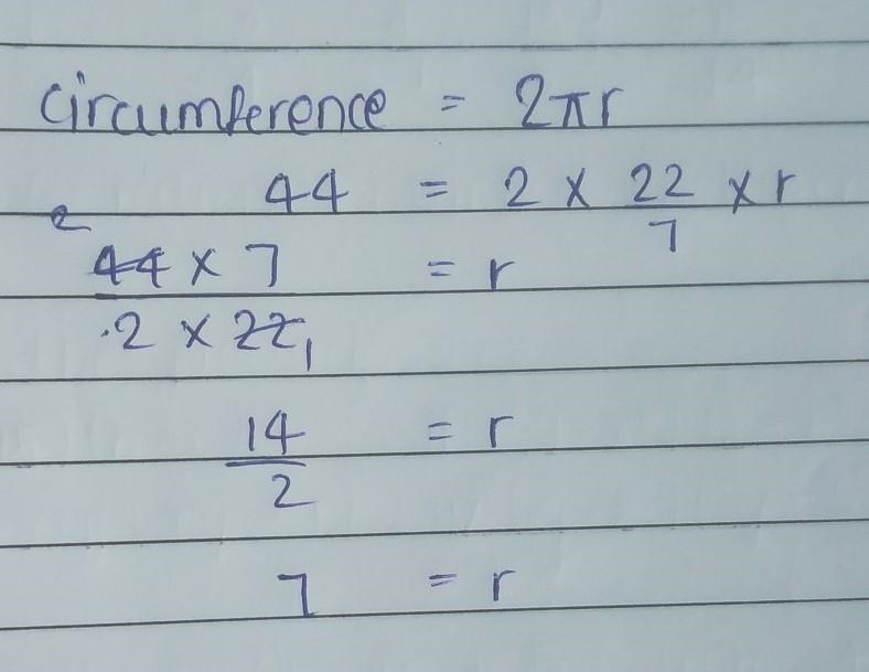 If the circumference of a circle is 44 pi feet, what is the radius?-example-1