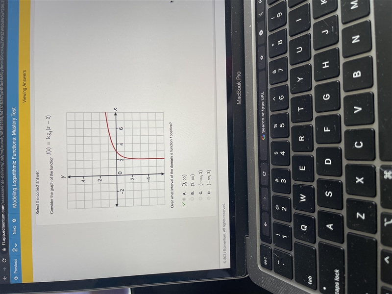 Consider the graph of the function f(x) = log4(x - 2) over what interval of the domain-example-1