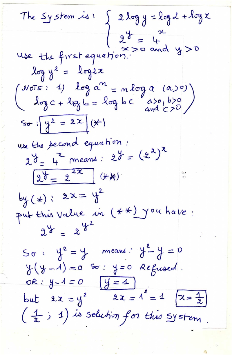 Solve simultaneously 2 log y=log 2 + log x 2 to power y = 4 to power x ​-example-1