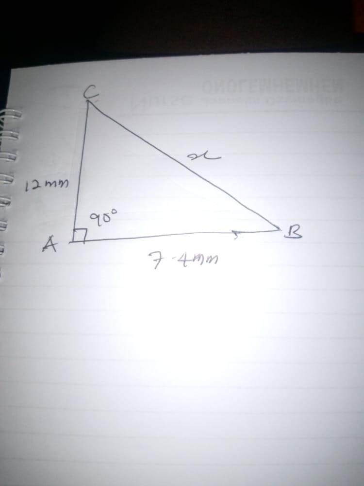 A B and C from a triangle where BAC =90 AB = 7.4 mm and CA = 12 and find the length-example-1