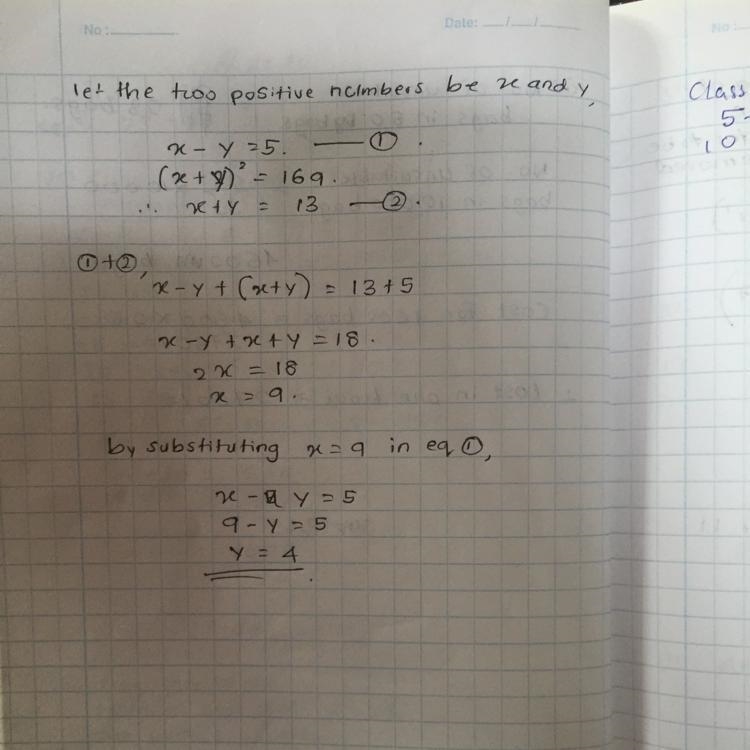 The difference between two positive numbers is 5 and the square of their sum is 169. find-example-1