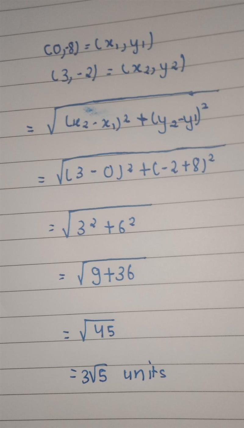 What is the distance between (0,-8) and (3,-2) ?-example-1