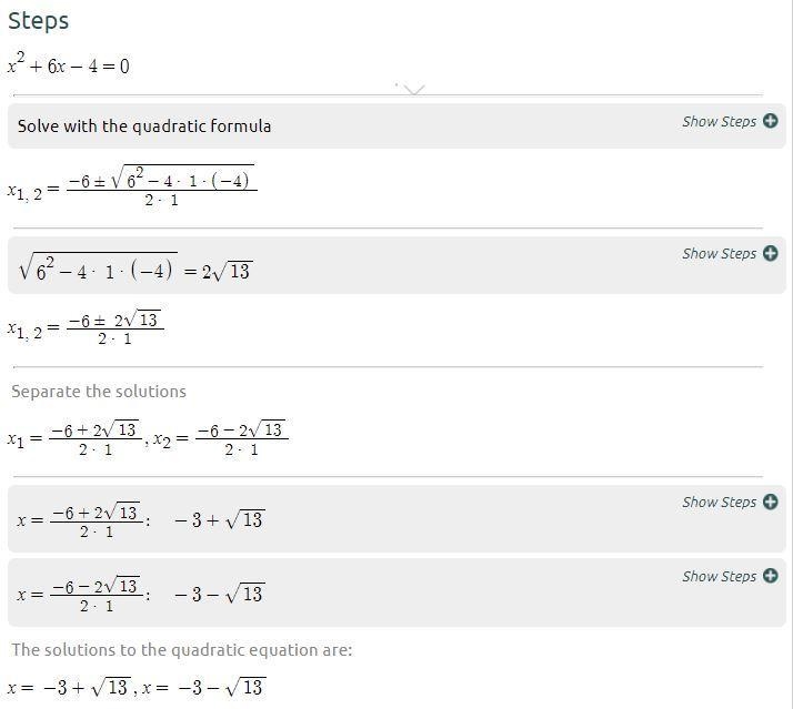 What are the roots of the equation x2 + 6x - 4 = 0? A6+2V13 B.-6+2V13 C.3V13 D.-3V-example-1