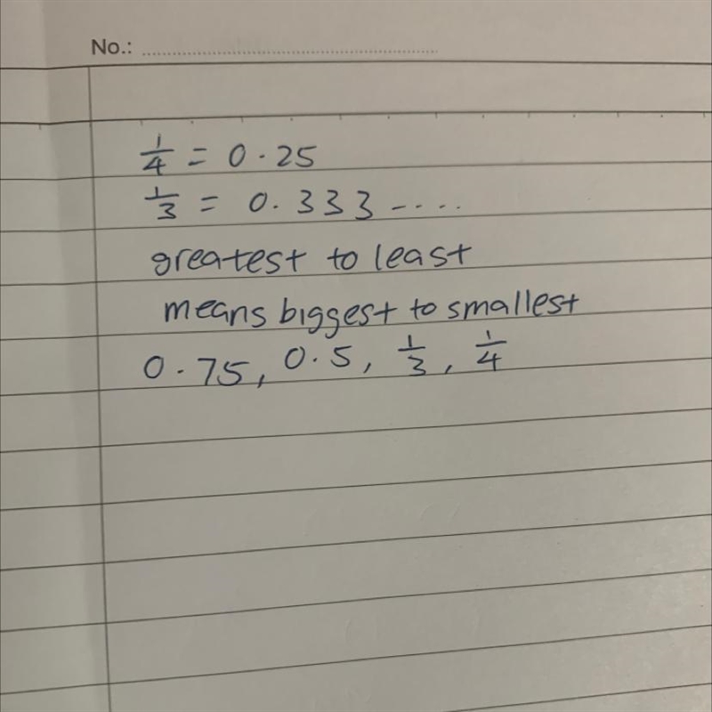 What is 1/4 0.75 1/3 0.5 greatest to least-example-1