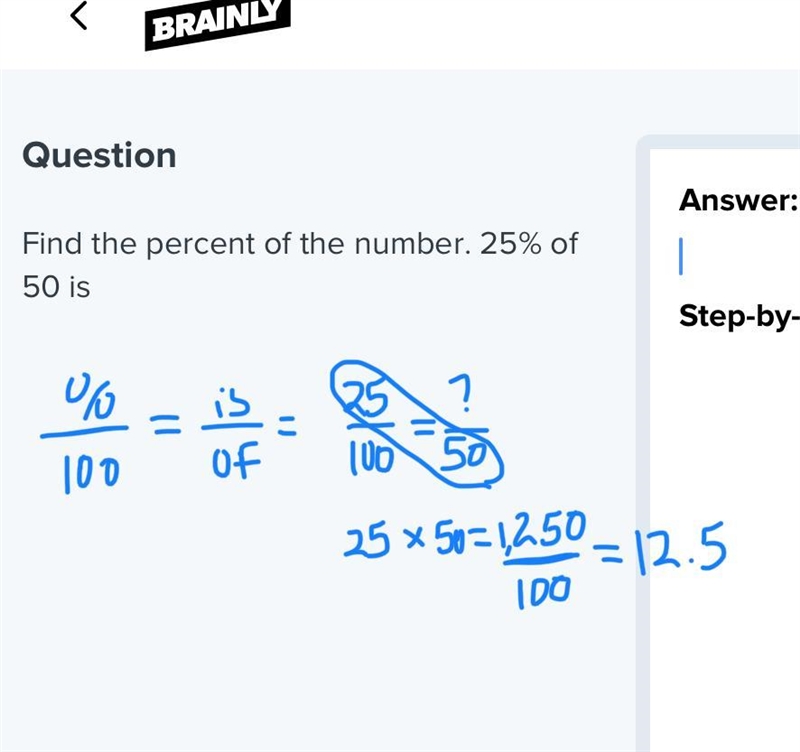 Find the percent of the number. 25% of 50 is-example-1