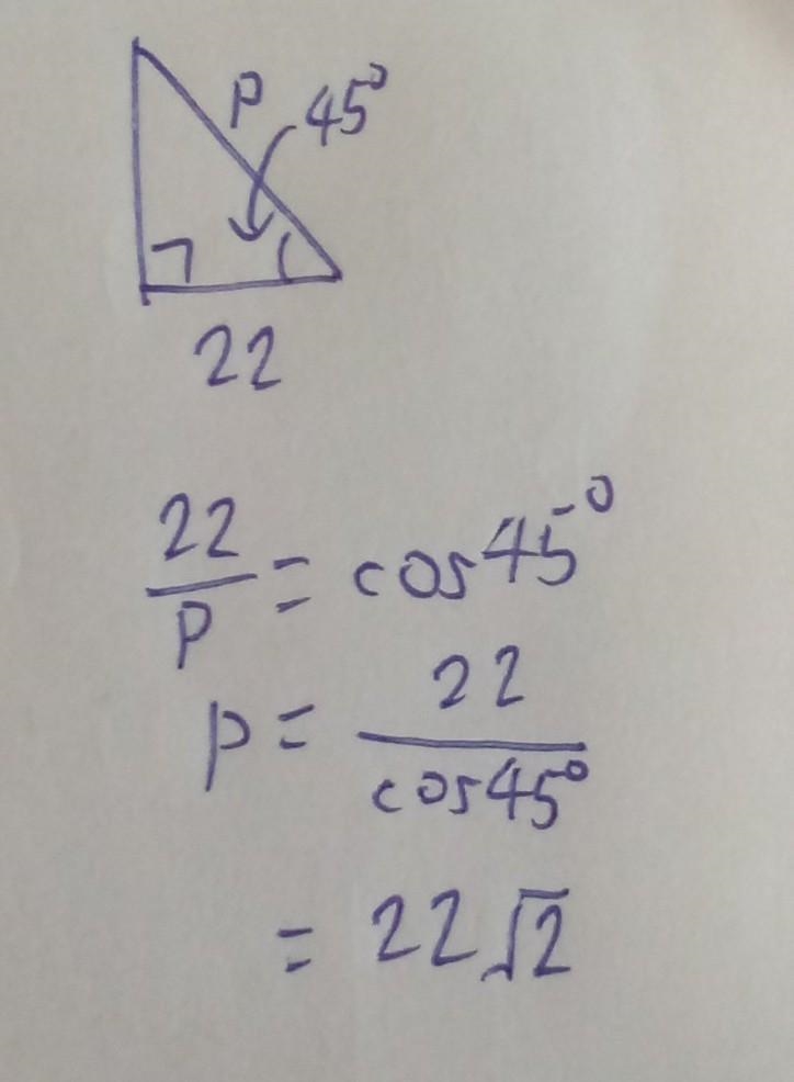 1 point 2. What is the value of p? (Hint: 45-45-90) a)22 b)22/2 c)44 d)44/3-example-1