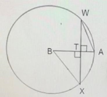 In circle B, given isosceles triangle BTX, BA ⟂ WX, and WX = 10, what is the radius-example-1