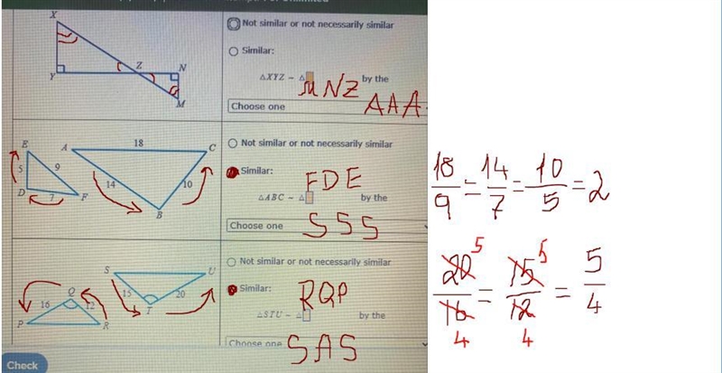 Decide whether the triangles are similar. If they are, write a similarity statement-example-1