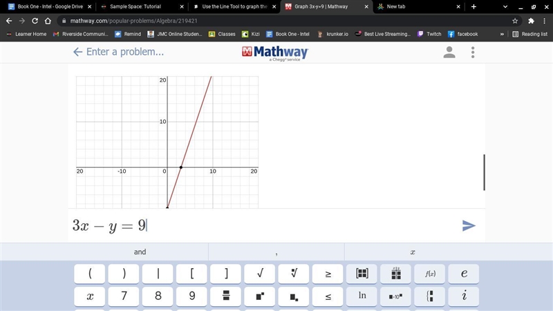 Use the Line Tool to graph the equation 3x - y = 9-example-1