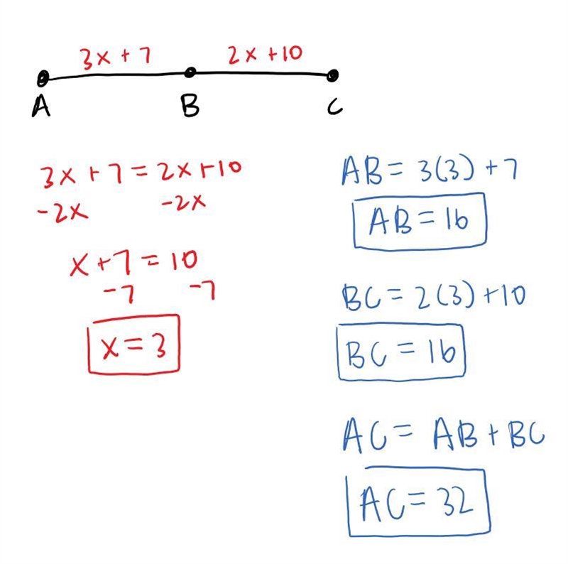 B is the midpoint of AC, AB = 3x + 7, and BC = 2x + 10. Find AB, BC, and AC. PLEASE-example-1