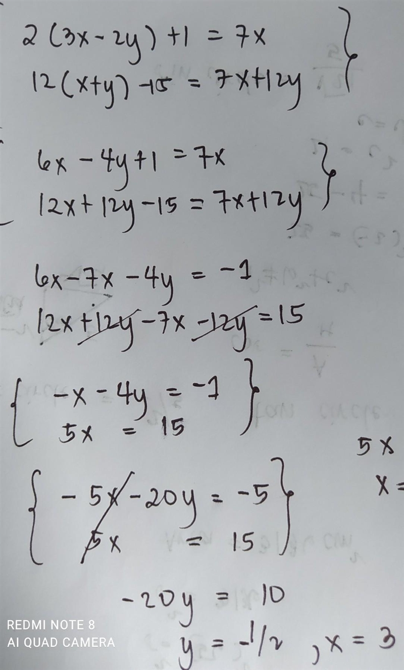 Solve the system of equations: {2(3x-2y)+1=7x, 12(x+y)-15=7x+12y-example-1