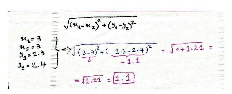 Point R is at (3, 1.3) and Point T is at (3, 2.4) on a coordinate grid. The distance-example-1