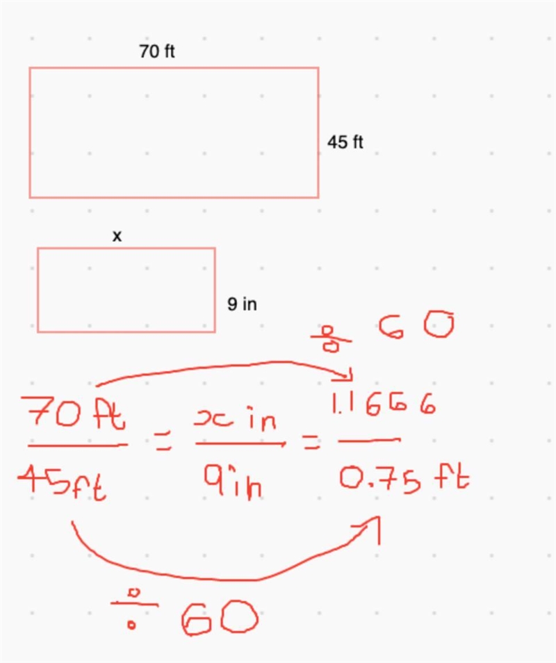 A rectangular garden is 45 ft wide and 70 ft long. In a drawing, the width is 9 in-example-1