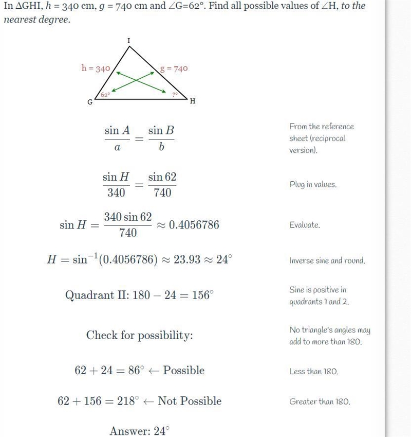 In ΔGHI, h = 340 cm, g = 740 cm and ∠G=62°. Find all possible values of ∠H, to the-example-1