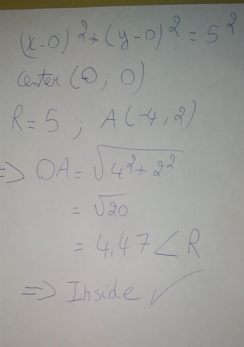 Does the point (-4, 2) lie inside or outside or on the circle x^2 + y^2 = 25?​ ​-example-1