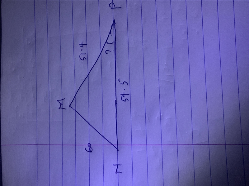 In triangle MNP, side m is 54.5 inches, side n is 51.4 inches, and side p is 60 inches-example-1