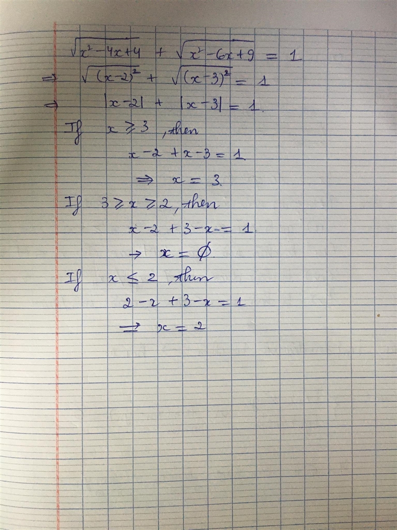 \sqrt{x^(2) -4x+4} +\sqrt{x^(2) -6x+9} =1x-example-1