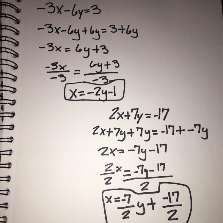 How to solve -3x-6y=3 and 2x+7y=-17 using elimination method PLEASE SHOW WORK-example-1