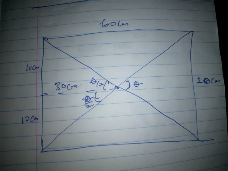 A rectangle is 60 cm long and 20 cm wide. Find, to the nearest tenth of a degree, the-example-1