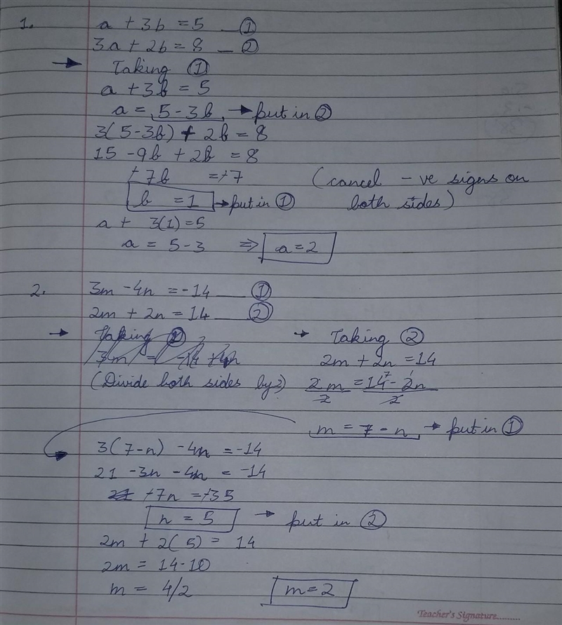 Please Help solve simultaneous equations , I never got hang of it. 1. a+3b=5 3a+2b-example-1