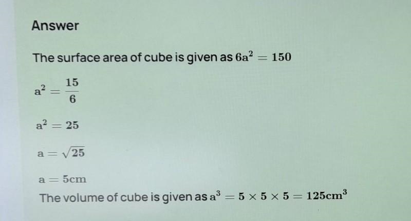 If cube has total surface area 150cm sweet, find the volume of the cube ​-example-1