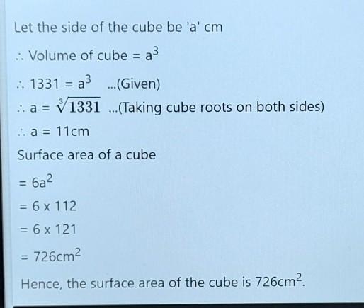 The volume of a solid cube is 1331cm3. Work out the surface area.-example-1