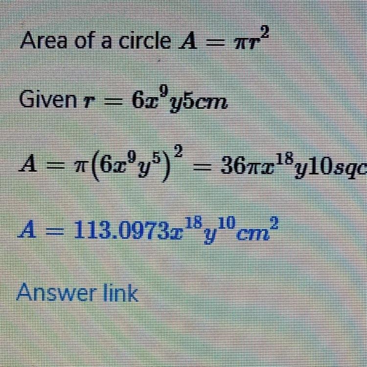 PLZ HELP!!! A Circle has a radius of 6x9y5 Cm.-example-1