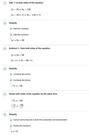 2x - 30 = 9x - 128 Find the value of x-example-1