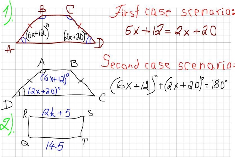 Please help asap!!! 1. ABCD is an isosceles trapezoid. m < A = 6x + 12 and m &lt-example-1