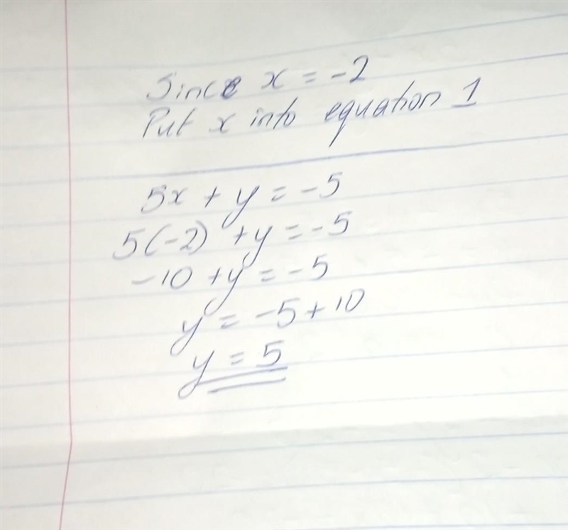 Solve the simultaneous equations 5x + y = – 5 5x - 2y = - 20-example-2