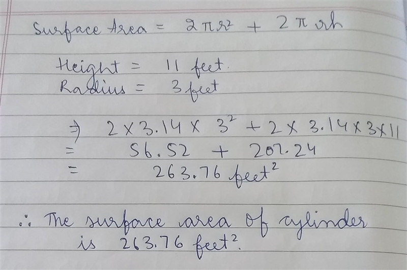 Find the surface area of a cylinder with a height of 11 feet and base radius of 3 feet-example-1