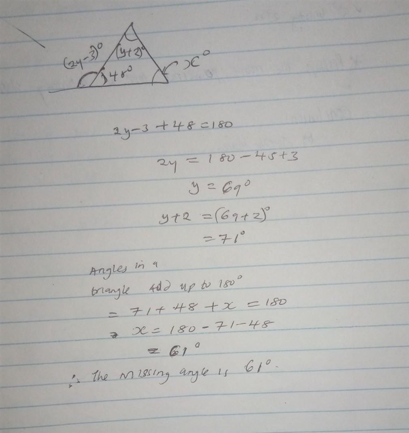 Find the missing interior angle in a triangle when one angle is 48 degrees, a second-example-1