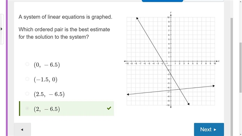 A system of linear equations is graphed. Which ordered pair is the best estimate for-example-1