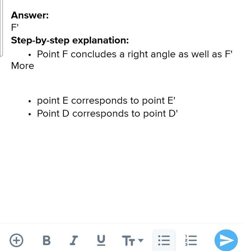 Point F' corresponds to point D. point E. point F. opoint E.-example-1