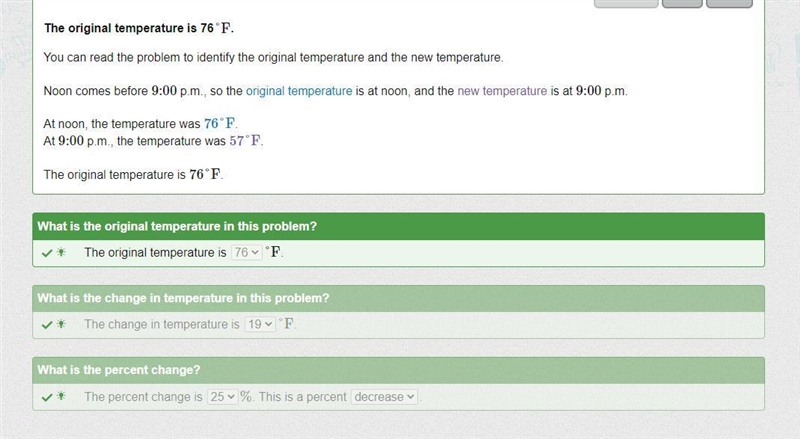 At noon, the temperature is 76°F. At 9:00 p.m., the temperature is 57°F. What is the-example-1