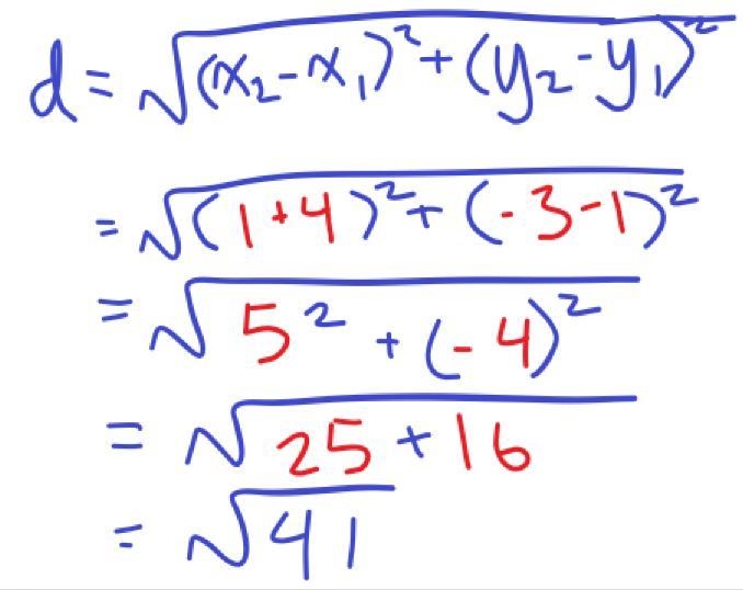 What is the distance between (-4,1) and (1, -3)?-example-1